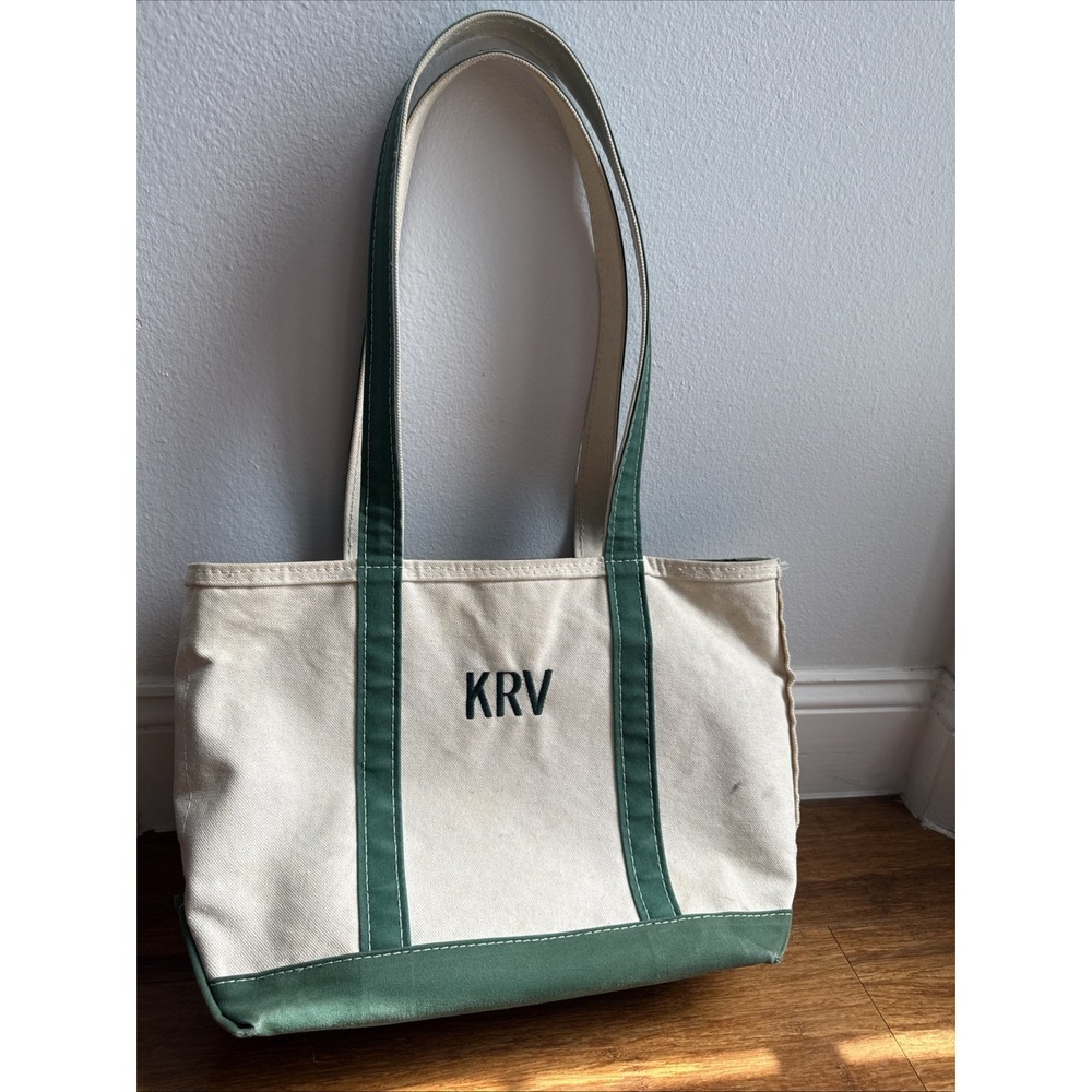 Vintage 1980s LL Bean Boat Tote Canvas Bag Green White Crinkle Made in USA 16X11
